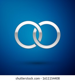 Silver Wedding rings icon isolated on blue background. Bride and groom jewelery sign. Marriage icon. Diamond ring icon.  Vector Illustration