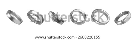 Silver wedding rings realistic 3D isolated on white background. Elegant jewelry symbol of love, marriage, and commitment.