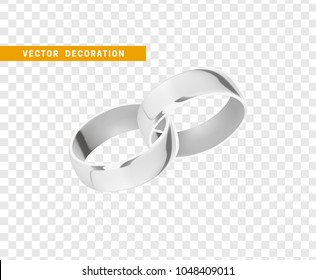 Silver wedding rings, realistic design isolated on transparent background.