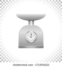  Ilustración vectorial. Escala de peso plateado sobre fondo transparente. Escalas de pesaje con pan y dial para medir el peso. Utensil de cocina o instrumento de medida. Elemento para el diseño interior.