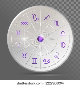 Silver wheel with twelve signs of the zodiac, astrology, esotericism, prediction of the future.