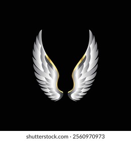 Silver and white angel wings with golden highlights in a minimalist style on a black background