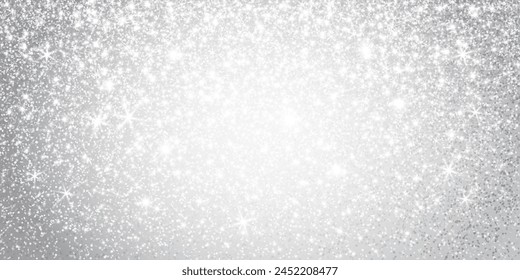 Fondo de luces de brillo plateado y blanco. Efecto de lluvia brillante. Telón de fondo de la celebración para Navidades, boda, fiesta de cumpleaños. Anuncio metálico de lujo, tarjeta. Vector.