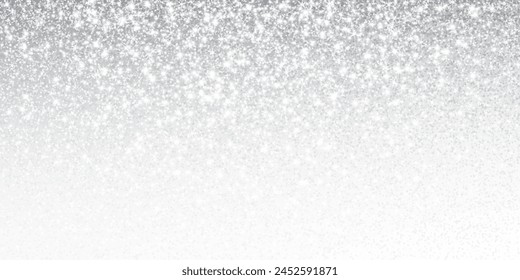 Silver and white glitter lights background. Sparkling glittering rain effect. Celebration backdrop for Christmas, wedding, birthday party. Luxury metallic frame, border. Vector.