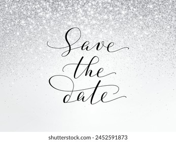 Fondo de luces de brillo plateado y blanco. Guardar la caligrafía de la fecha. Efecto de lluvia brillante. Marco metálico de lujo, borde. Para la boda, fiesta de cumpleaños. Vector.