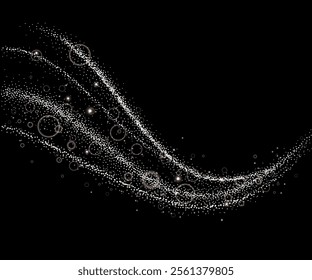 Silver and white glitter lights background. Sparkling glittering rain effect. Celebration backdrop for Christmas, wedding, birthday party. Luxury metallic frame, border. Vector.