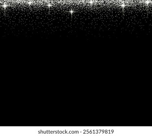 Silver and white glitter lights background. Sparkling glittering rain effect. Celebration backdrop for Christmas, wedding, birthday party. Luxury metallic frame, border. Vector.
