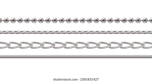 Silver or white gold chain jewel collection - metallic beaded necklace, braided pattern, interlocking oval links, twisted rope design. Realistic elegant accessories set for jewelry catalog design.