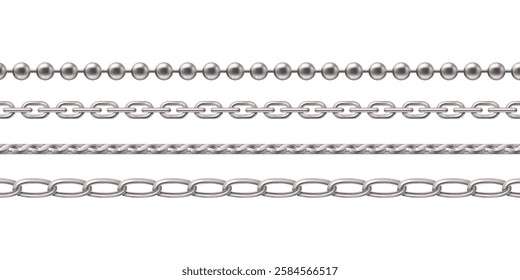 Silver or white gold chain jewel collection - metallic beaded necklace, braided pattern, interlocking oval links, twisted rope design. Realistic elegant accessories set for jewelry catalog design.