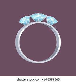 Silver or white gold ring with three blue precious stones on dark purple background. Vector illustration of expensive shiny jewelry.