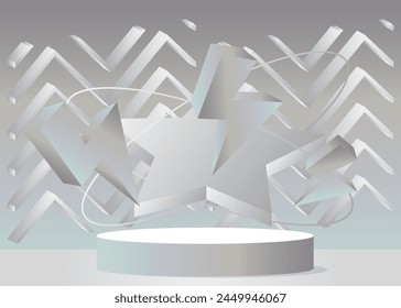 Silber-weiße Modell-Produkt-Anzeige, leere Szene mit minimalen geometrischen Formen. Vektorgrafik Zylinder Podest Podium. Bühnenvitrine zur Präsentation.