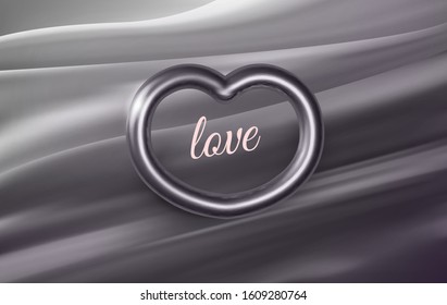 Silver, white ring heart isolated gray draped silky cloth background. Vector 3d illustration. Glossy fabric. Love, romantic symbol. Realistic decoration element wedding, festive card design. EPS10