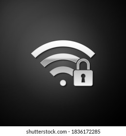 Silver Wifi locked icon isolated on black background. Password Wi-fi symbol. Wireless Network icon. Wifi zone. Long shadow style. Vector.