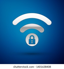 Silver Wifi locked sign icon isolated on blue background. Password Wi-fi symbol. Wireless Network icon. Wifi zone. Vector Illustration