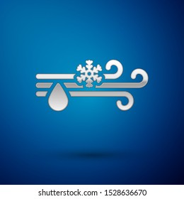 Silver Wind and rain with snow icon isolated on blue background. Windy weather.  Vector Illustration