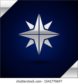 Silver Wind rose icon isolated on dark blue background. Compass icon for travel. Navigation design.  Vector Illustration