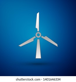 Silver Wind turbine icon isolated on blue background. Wind generator sign. Windmill silhouette. Windmill for electric power production. Vector Illustration