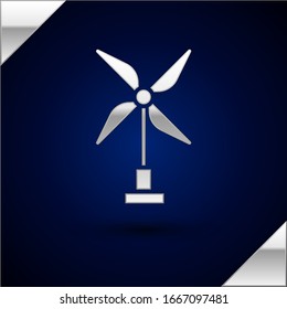 Silver Wind turbine icon isolated on dark blue background. Wind generator sign. Windmill for electric power production.  Vector Illustration