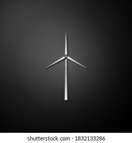 Silver Wind turbine icon isolated on black background. Wind generator sign. Windmill silhouette. Windmills for electric power production. Long shadow style. Vector.