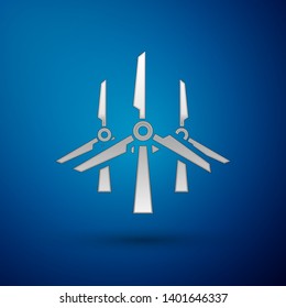 Silver Wind turbines icon isolated on blue background. Wind generator sign. Windmill silhouette. Windmills for electric power production. Vector Illustration