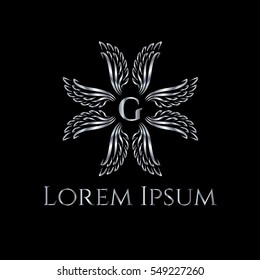Silver wings and the letter G vector logo design template. Wings in the form of a crest frame (sign, symbol, icon, illustration)