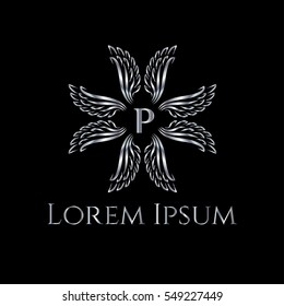 Silver wings and the letter P vector logo design template. Wings in the form of a crest frame (sign, symbol, icon, illustration)