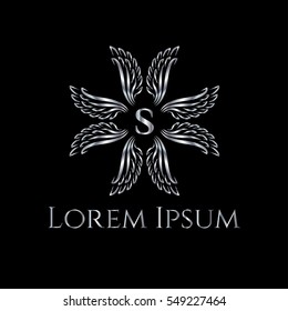 Silver wings and the letter S vector logo design template. Wings in the form of a crest frame (sign, symbol, icon, illustration)