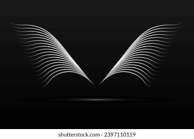 Silver wings linear wavy abstract on a black background. Angel wings. Vector graphics.