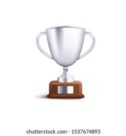 Silver winner award second place cup or champion prize 3d vector illustration isolated on white background. Symbol of victory in sport and business competition icon.