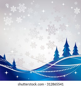 Silver winter abstract background with blue Christmas tree. Vector snowflakes