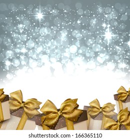 Fondo abstracto de invierno plateado. Fondo de Navidad con cajas de regalo. Vector.