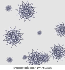 Silver Winter Cold Luxury Christmas Sky Wallpaper. Purple Grey Stars White Dark Pattern. Mystery Sharp Night Print Chaotic Wallpaper. Snowflakes Violet Metalic New Year Mandala Design Pic.