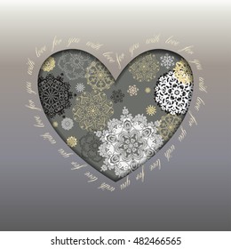 Silver winter heart design with text - for you with love. Gold and white snowflakes and stars. Valentines day love card template. Vector illustration.