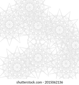 Silver Winter Pastel Ice Chaotic Ornamental Soft Luxury Pattern. Mystery Light Monochrome Complicated Satanic Calm White Mandala Illustration. Folk Stars Lace Grey Print Frost Cold Sharp Background.