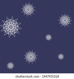 Silver Winter Sharp Luxury Mandala Background. Dark Print Stars New Year Purple Composition. Violet Mystery Snowflakes Grey White Ornament. Night Cold Christmas Chaotic Metalic Sky Background.