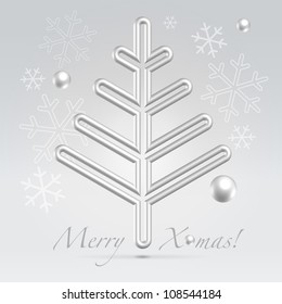Silver wire metallic fur tree hanging over light festive background