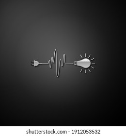 Silver Wire plug and light bulb icon isolated on black background. Plug, lamp and cord in the form of heartbeat. Concept of Electricity and lighting. Long shadow style. Vector.