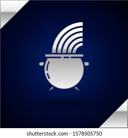 Silver Witch cauldron and rainbow icon isolated on dark blue background. Happy Saint Patricks day.  Vector Illustration
