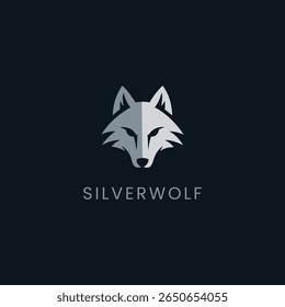 Diseño de logotipo de cara de lobo plateado.