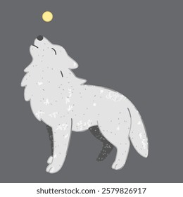 A silver wolf howling at a glowing moon, surrounded by sparkling stardust.