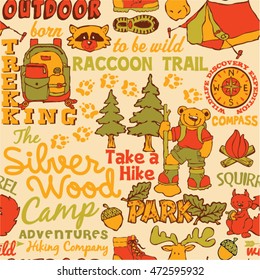 The Silver Wood Camp, cute characters vector seamless pattern for children wear.