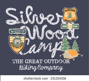 Silver wood camp hiking company, prints for kids wear with embroidery patches