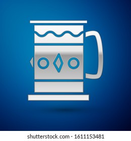 Silver Wooden mug icon isolated on blue background.  Vector Illustration