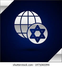 Silver World Globe and Israel icon isolated on dark blue background.  Vector