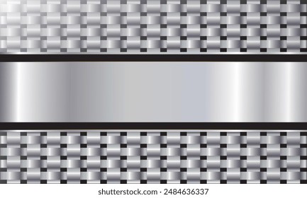 Silver Woven Symmetrical pattern with space text on center silver background metal plate border. 