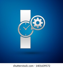 Silver Wrist watch and gear icon isolated on blue background. Adjusting app, service concept, setting options, maintenance, repair, fixing. Vector Illustration