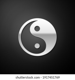 Silver Yin Yang symbol of harmony and balance icon isolated on black background. Long shadow style. Vector.