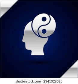 Silver Yin Yang symbol of harmony and balance icon isolated on dark blue background.  Vector