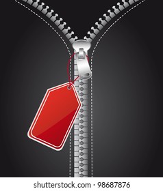 silver zip with red tag, background. vector illustration