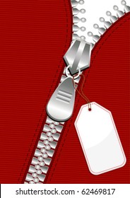 Silver Zipper With Blank Tag Over Red Fabric